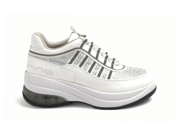 Fornarina Sneakers UP Lacci Zeppa Platform Pelle Microstrass Bianco